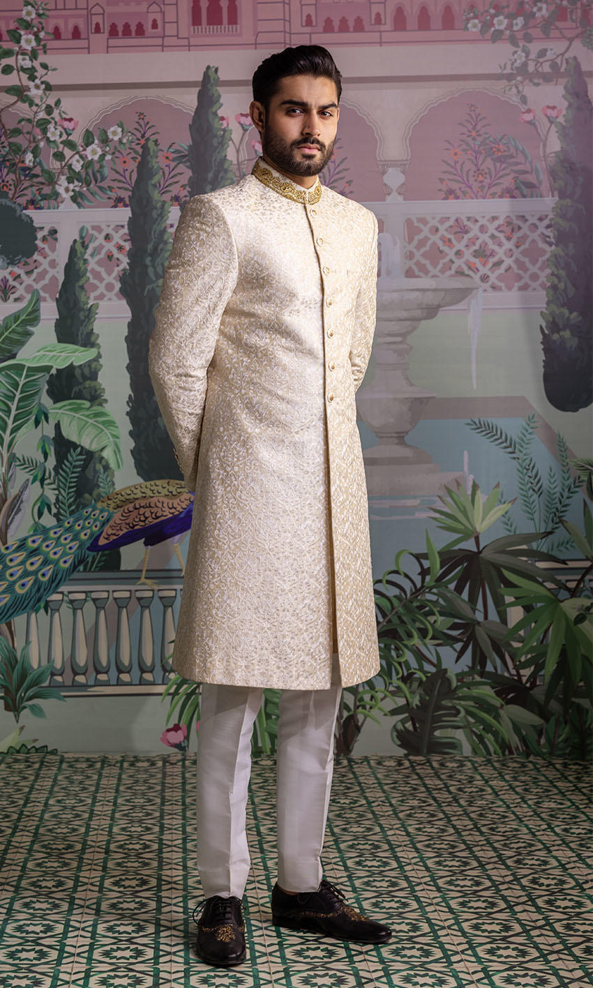 Ivory Jacquard Sherwani with Gold Embroidered Collar (2-Piece) - Image 1