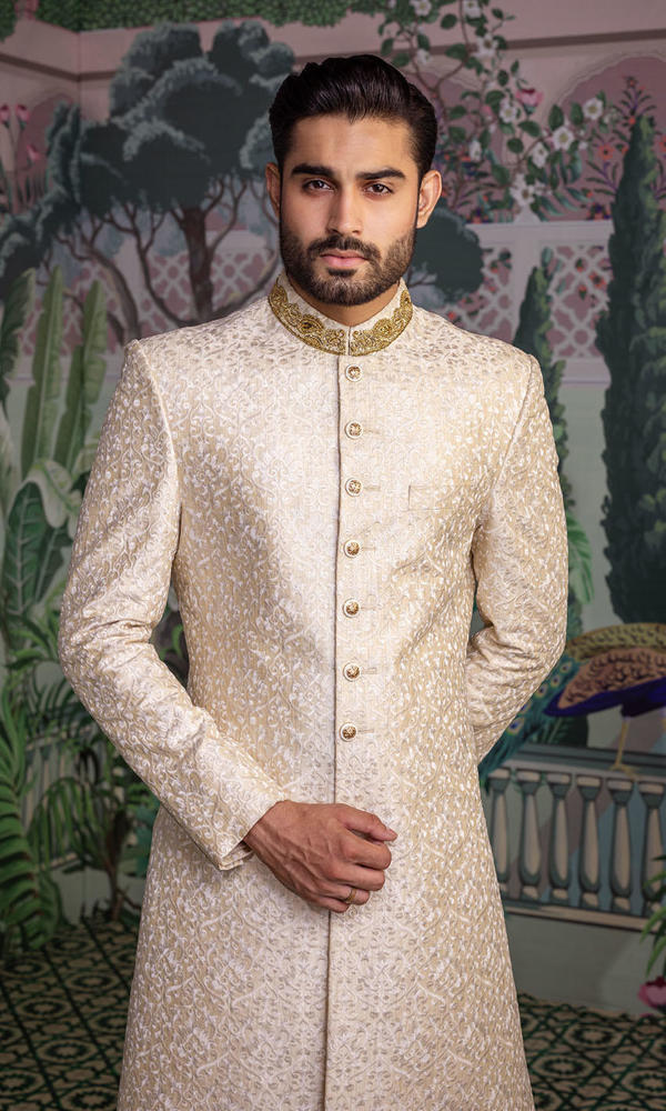 Ivory Jacquard Sherwani with Gold Embroidered Collar (2-Piece) - Image 3
