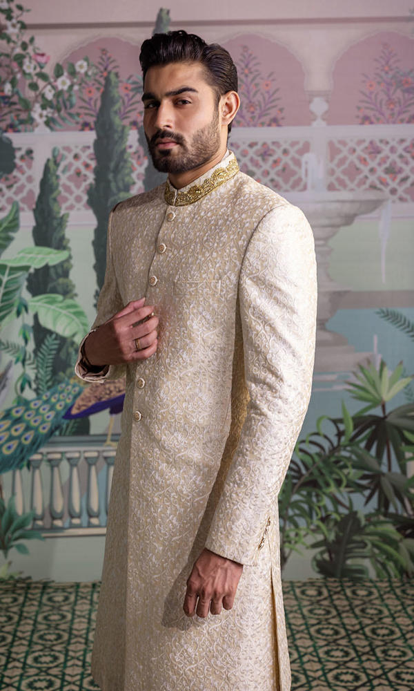 Ivory Jacquard Sherwani with Gold Embroidered Collar (2-Piece) - Image 4