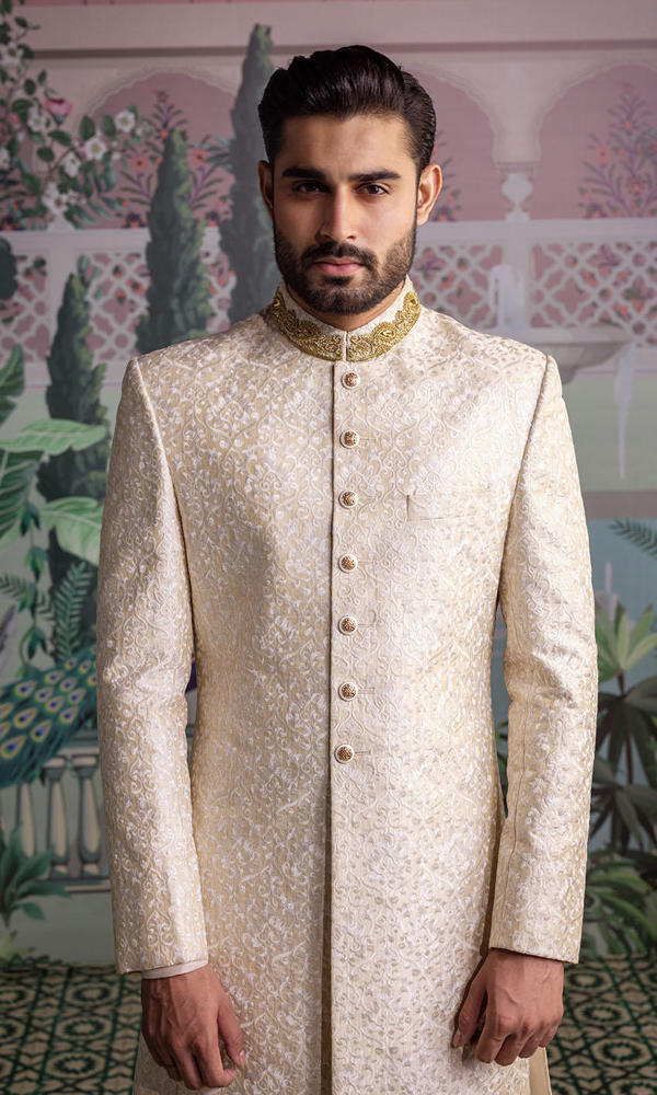 Ivory Jacquard Sherwani with Gold Embroidered Collar (2-Piece) - Image 5