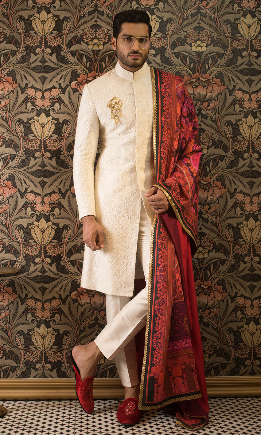 Ivory Jacquard Groom Sherwani (3-Piece) - Image 1