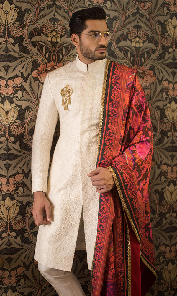 Ivory Jacquard Groom Sherwani (3-Piece) - Image 3
