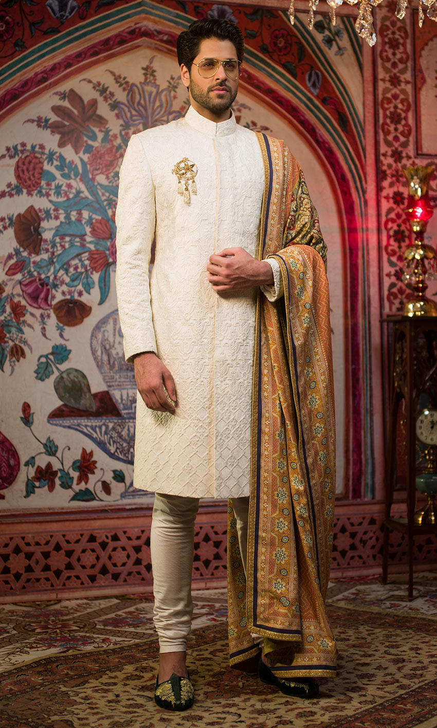 Ivory Jacquard Sherwani with Brocade Shawl (3-Piece) - Image 1
