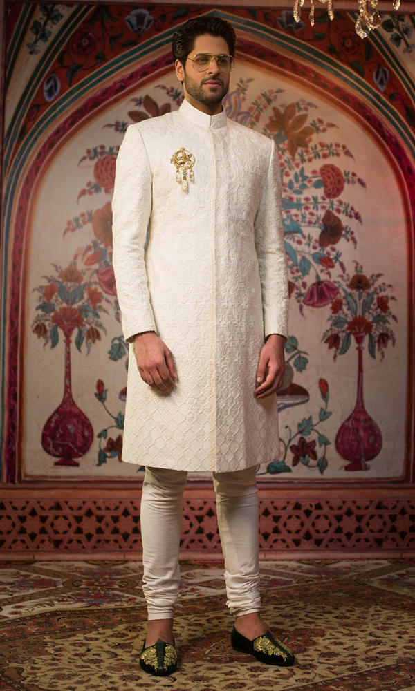 Ivory Jacquard Sherwani with Brocade Shawl (3-Piece) - Image 3