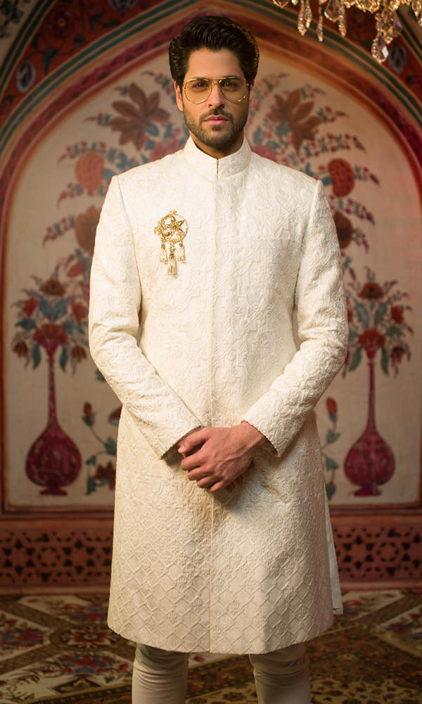 Ivory Jacquard Sherwani with Brocade Shawl (3-Piece) - Image 4