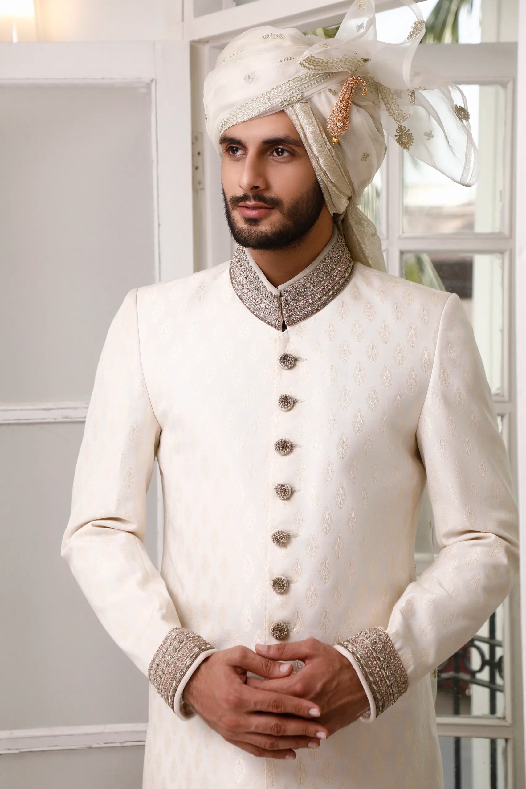 Ivory Jacquard Sherwani with Embellished Collar (3-Piece) - Image 1
