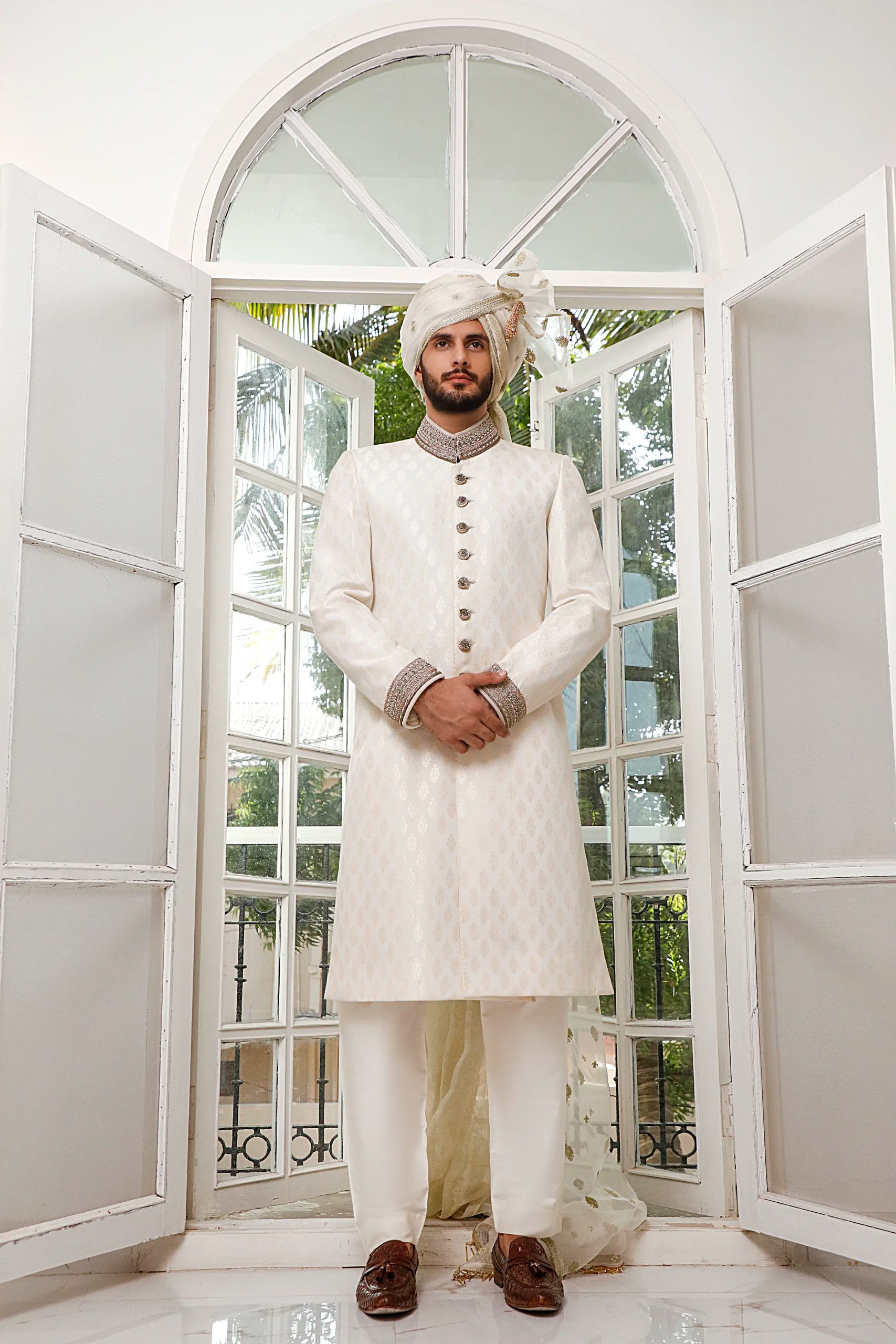 Ivory Jacquard Sherwani with Embellished Collar (3-Piece) - Image 2