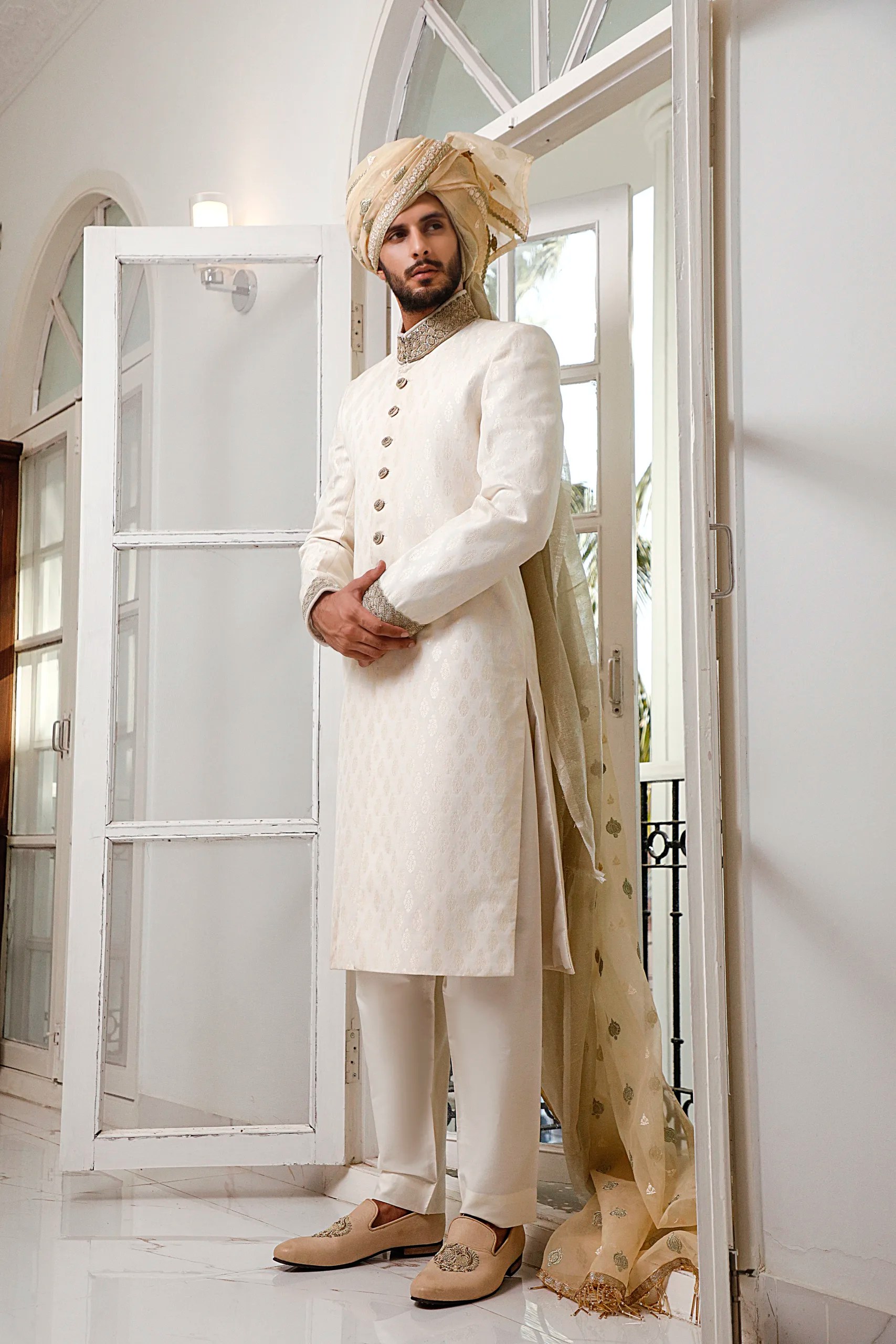 Ivory Jacquard Sherwani with Embellished Collar (3-Piece) - Image 3