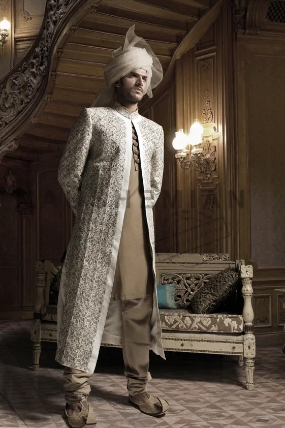 Ivory Woven Jacquard Groom Sherwani (3-Piece) - Image 1