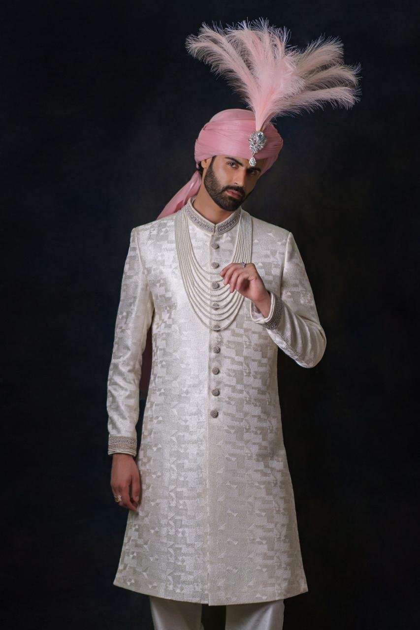 Ivory Jacquard Sherwani with Geometric Weave (2-Piece) - Image 1