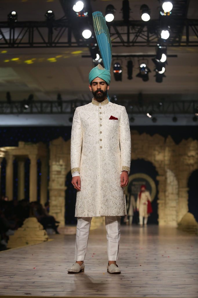 Ivory Gold Embroidered Silk-Blend Jacquard Sherwani (2-Piece) - Image 1