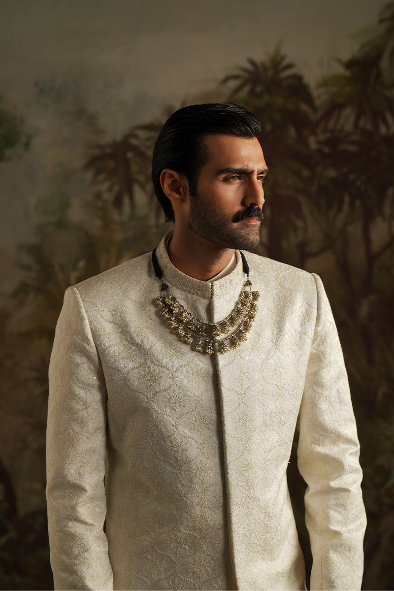 Ivory White Embroidered Jacquard Sherwani (2-Piece) - Image 2