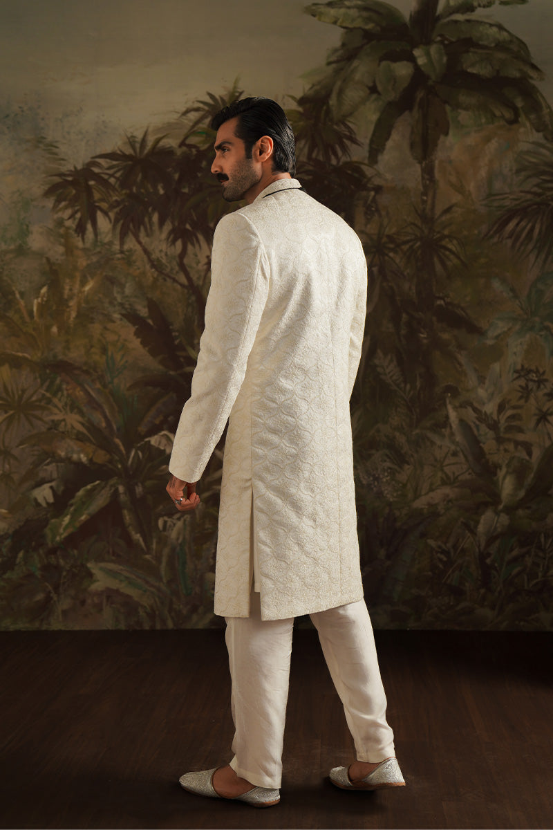 Ivory White Embroidered Jacquard Sherwani (2-Piece) - Image 4