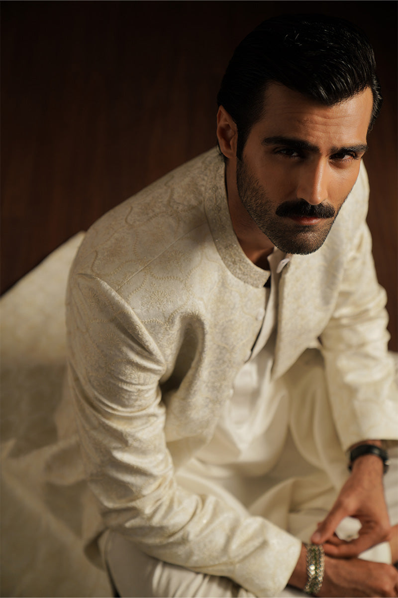 Ivory White Embroidered Jacquard Sherwani (2-Piece) - Image 5
