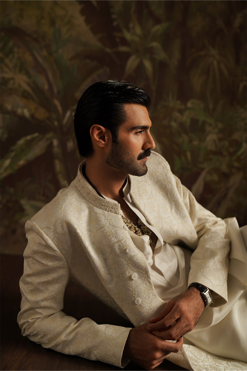 Ivory White Embroidered Jacquard Sherwani (2-Piece) - Image 7