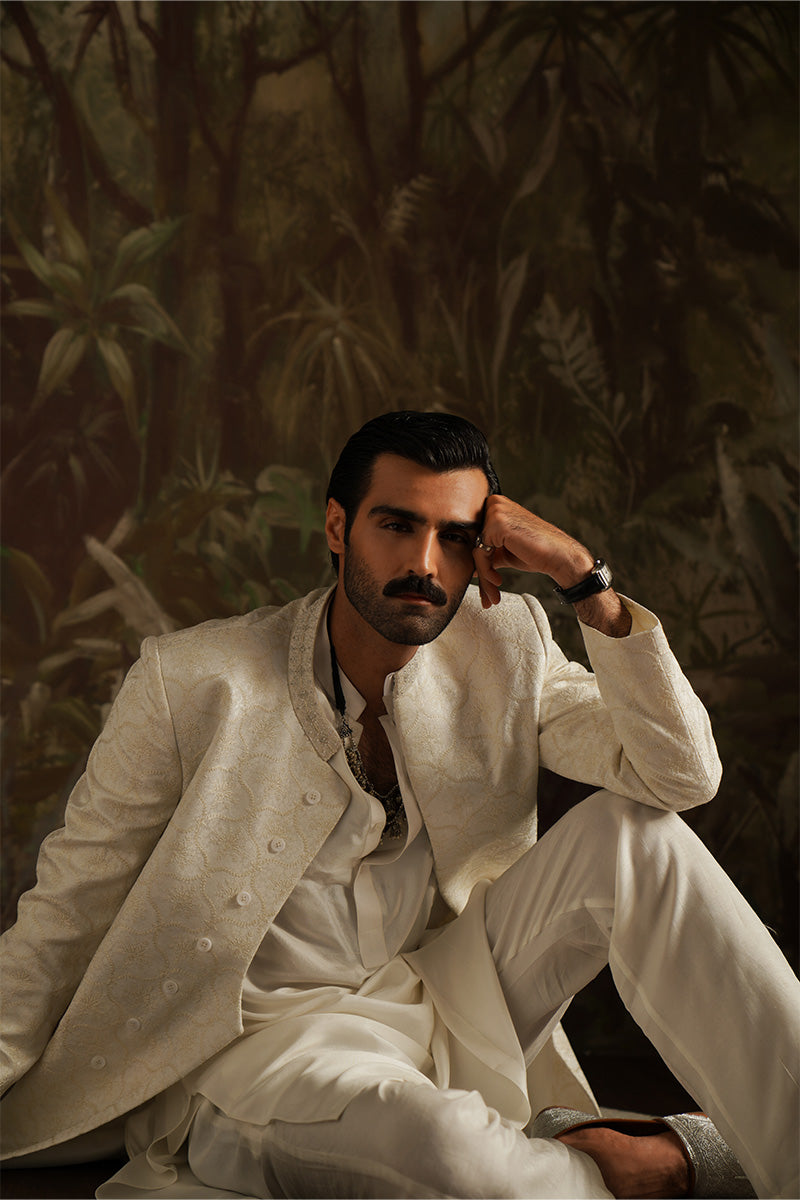 Ivory White Embroidered Jacquard Sherwani (2-Piece) - Image 2