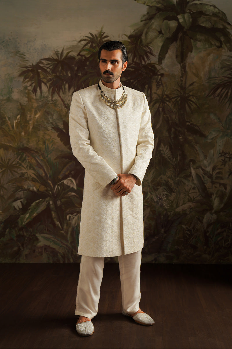 Ivory White Embroidered Jacquard Sherwani (2-Piece) - Image 3