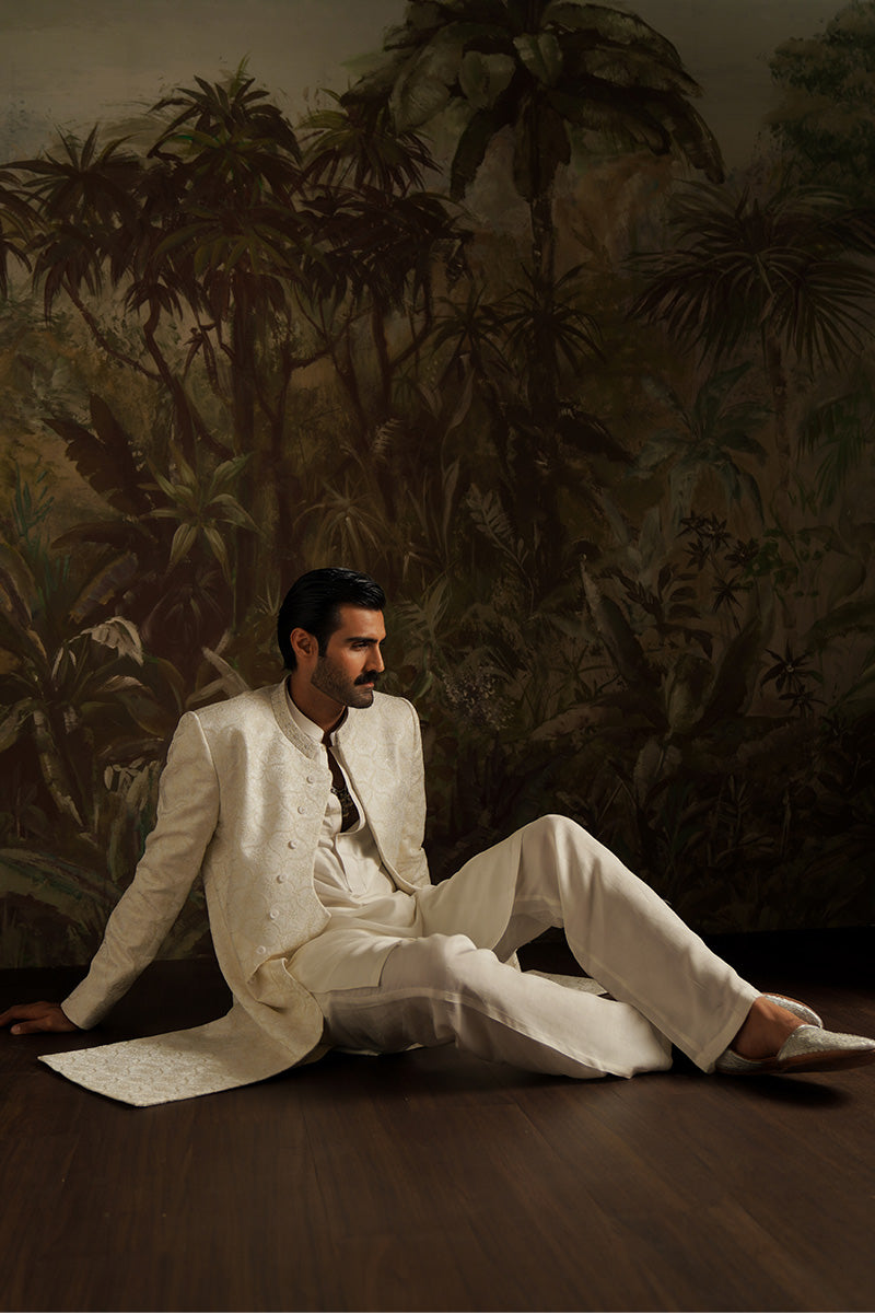 Ivory White Embroidered Jacquard Sherwani (2-Piece) - Image 6