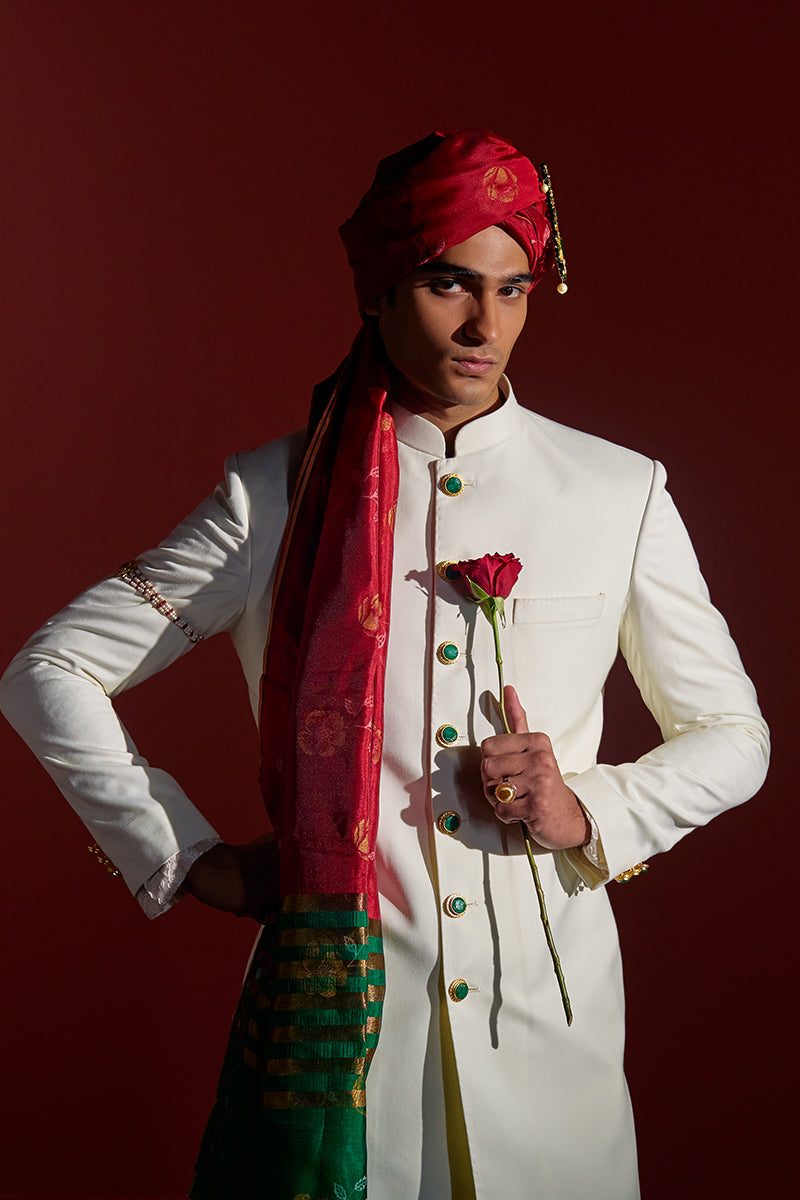 Ivory Stone-Embellished Jacquard Groom Sherwani (3-Piece) - Image 1