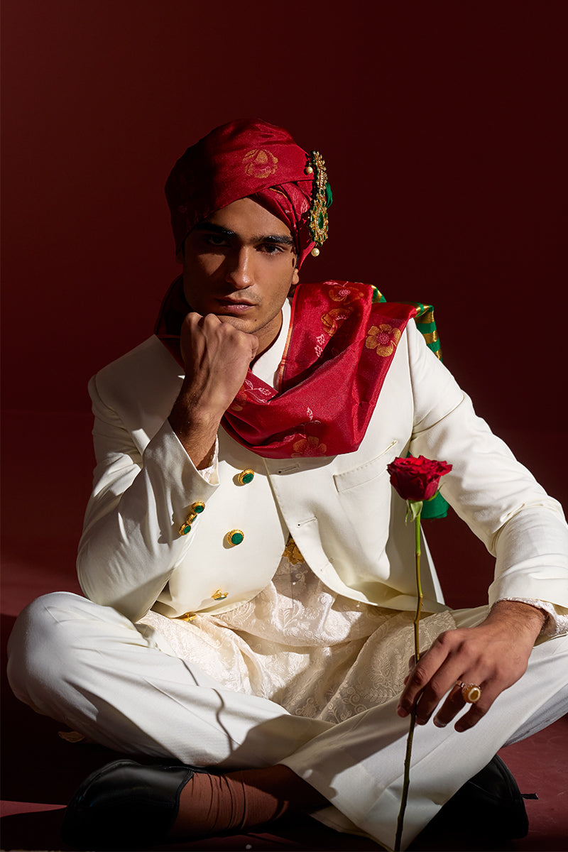 Ivory Stone-Embellished Jacquard Groom Sherwani (3-Piece) - Image 2