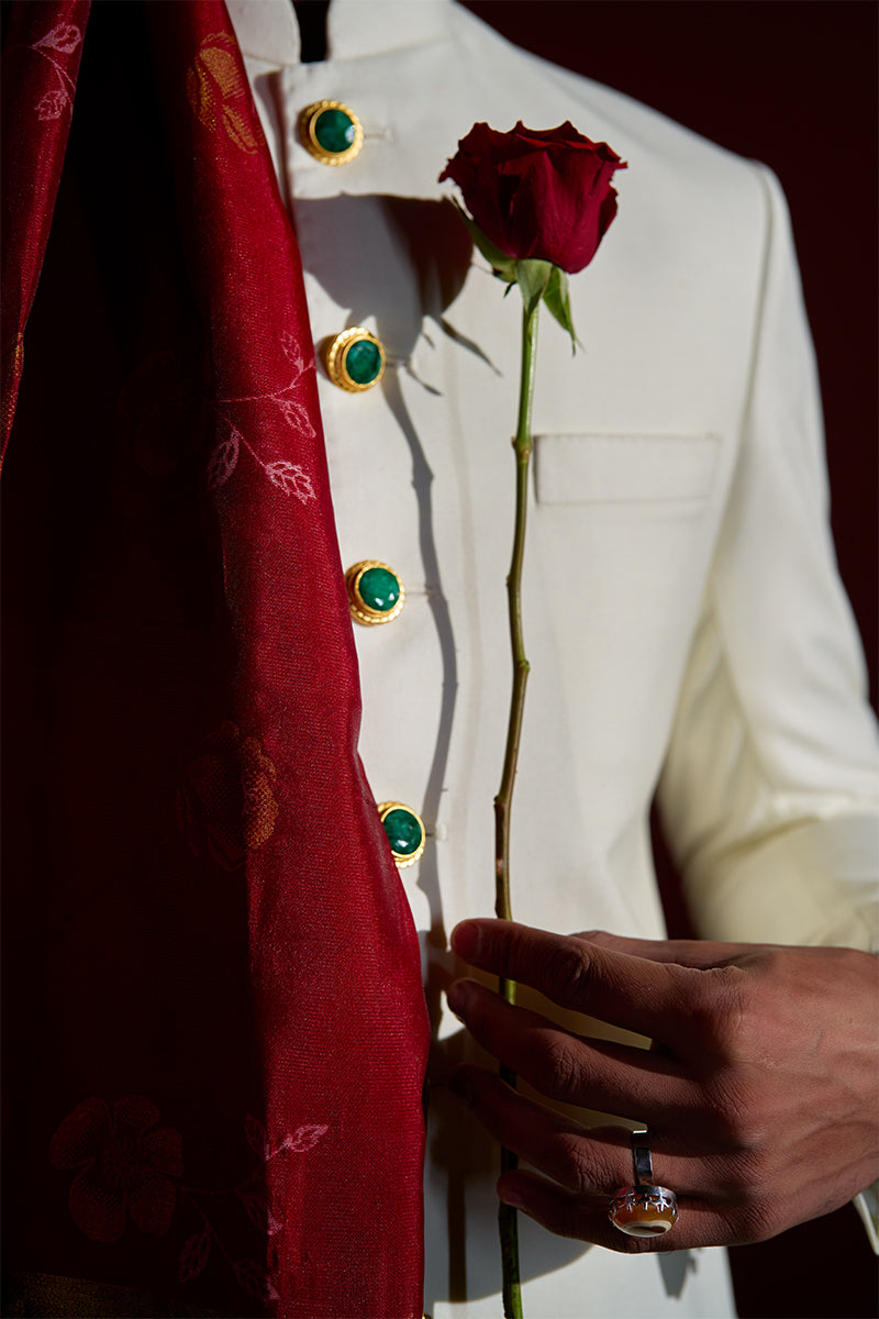Ivory Stone-Embellished Jacquard Groom Sherwani (3-Piece) - Image 3