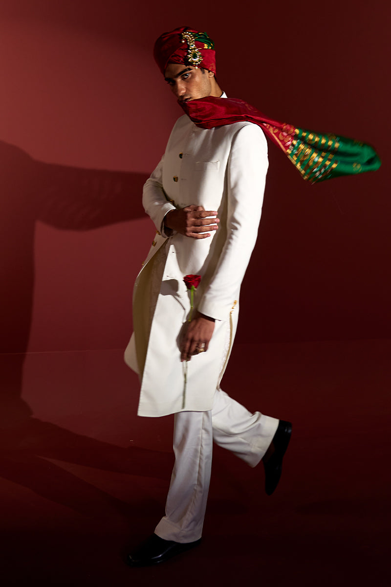 Ivory Stone-Embellished Jacquard Groom Sherwani (3-Piece) - Image 5
