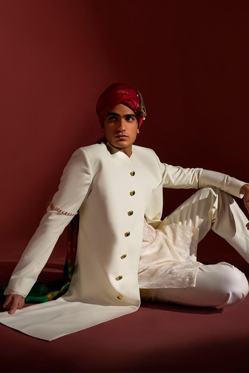 Ivory Stone-Embellished Jacquard Groom Sherwani (3-Piece) - Image 8
