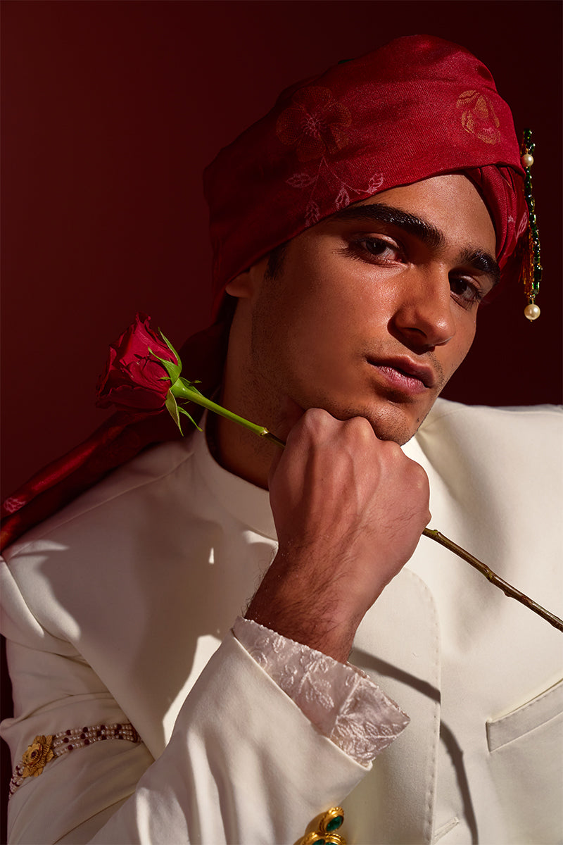 Ivory Stone-Embellished Jacquard Groom Sherwani (3-Piece) - Image 9