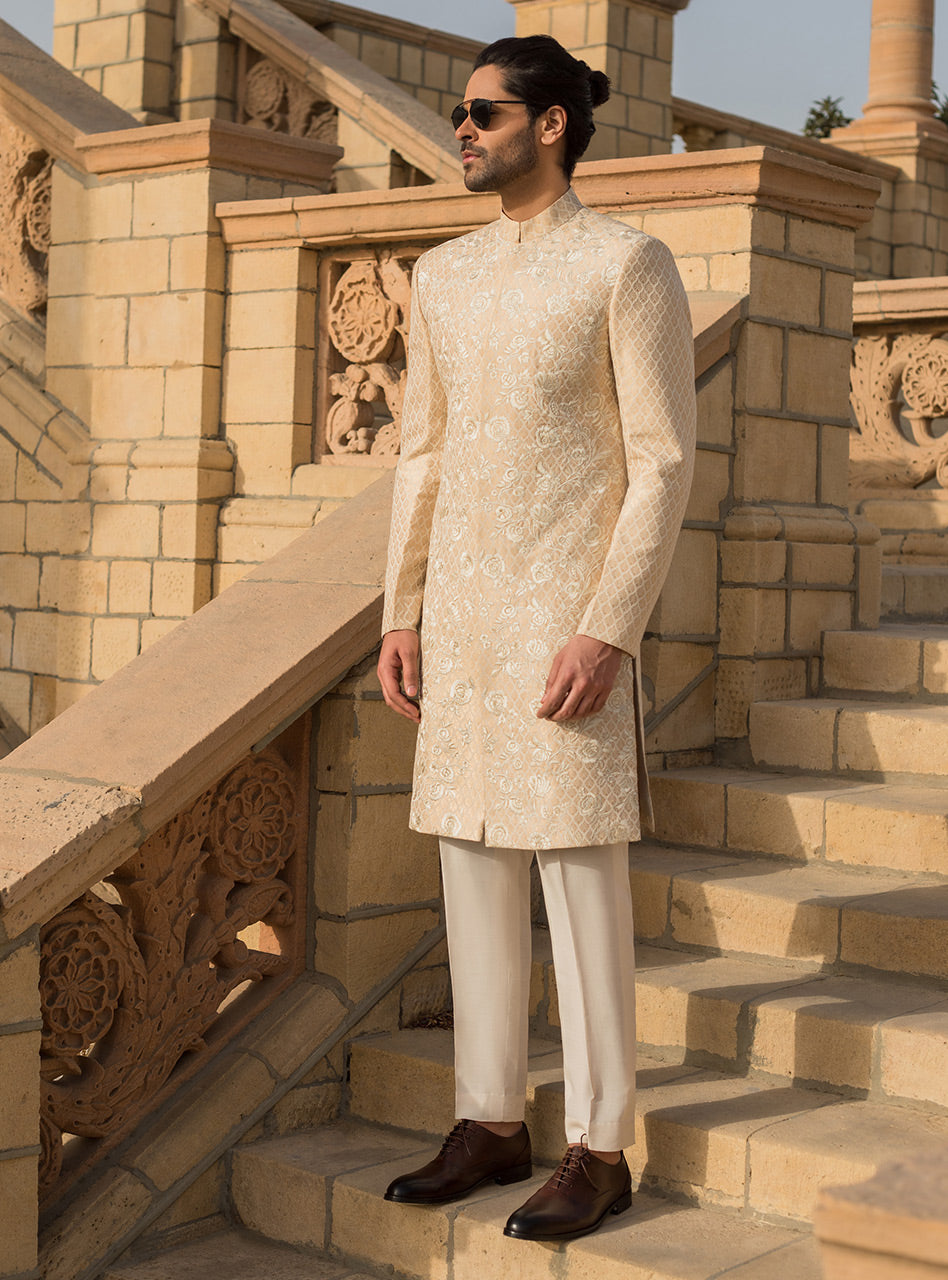 Ivory Embroidered Jacquard Sherwani (2-Piece) - Image 1