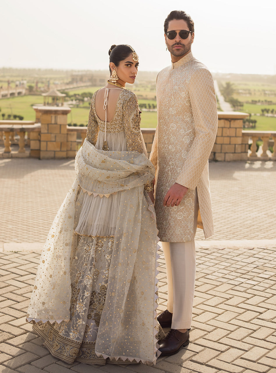 Ivory Embroidered Jacquard Sherwani (2-Piece) - Image 2