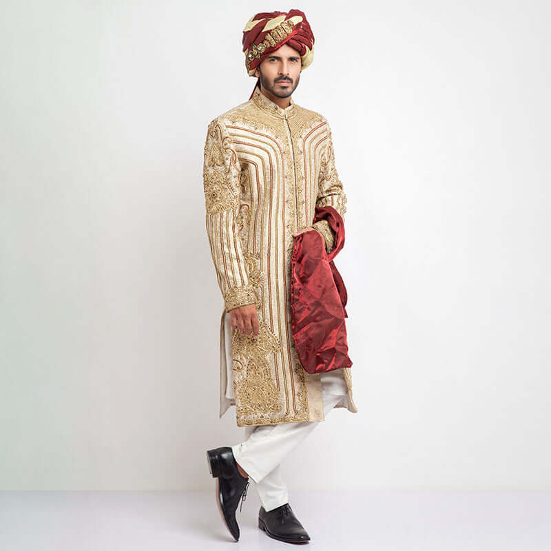 Antique Ivory Zardozi Pure Jamavar Silk Sherwani (3-Piece) - Image 1