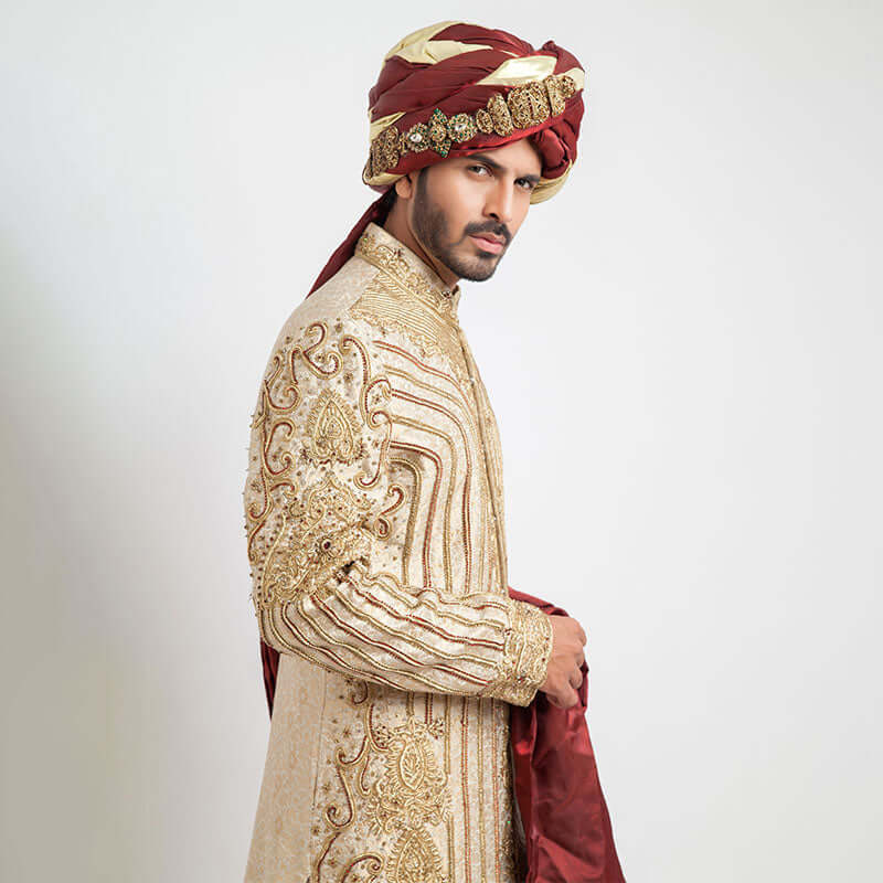 Antique Ivory Zardozi Pure Jamavar Silk Sherwani (3-Piece) - Image 2