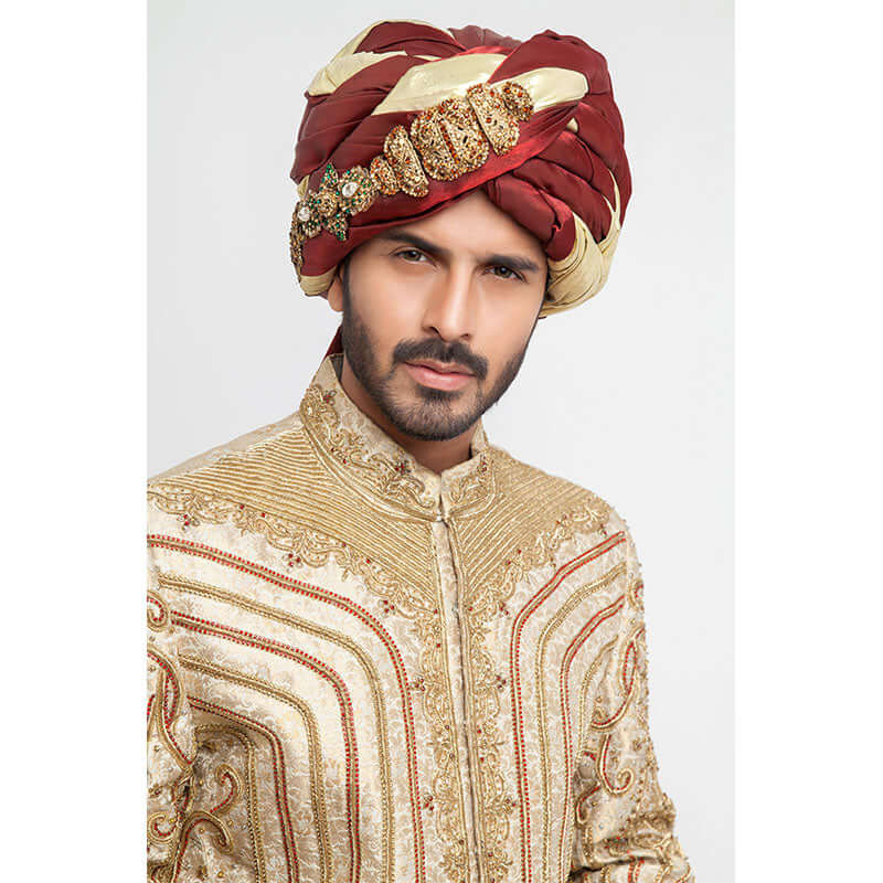 Antique Ivory Zardozi Pure Jamavar Silk Sherwani (3-Piece) - Image 3