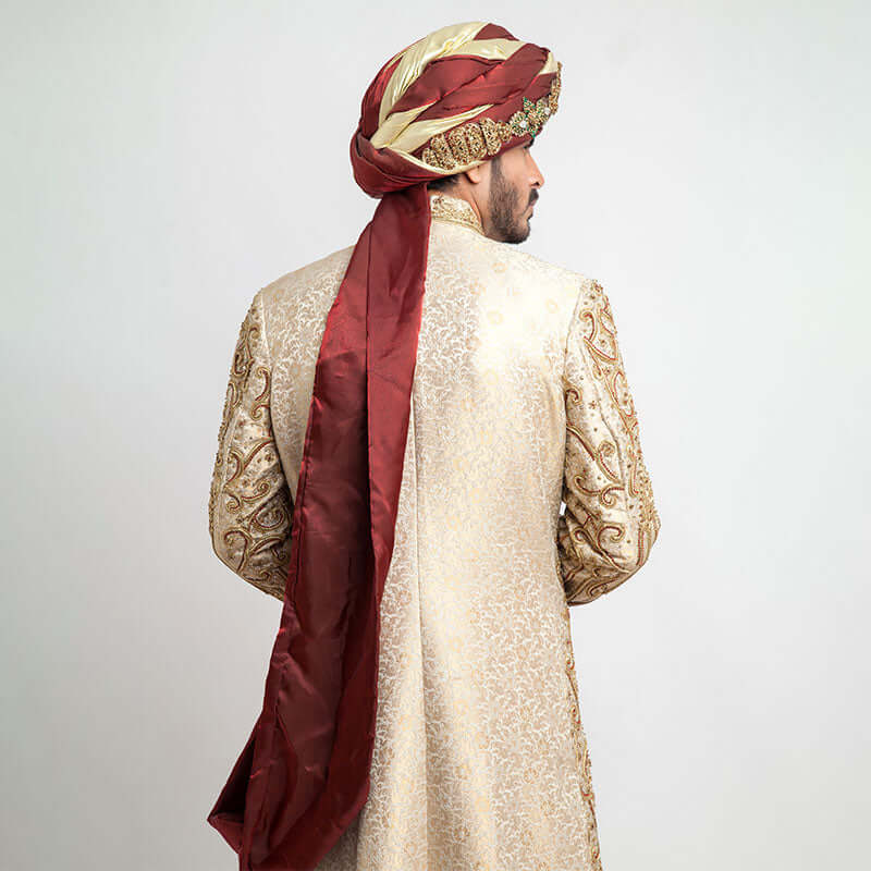 Antique Ivory Zardozi Pure Jamavar Silk Sherwani (3-Piece) - Image 4