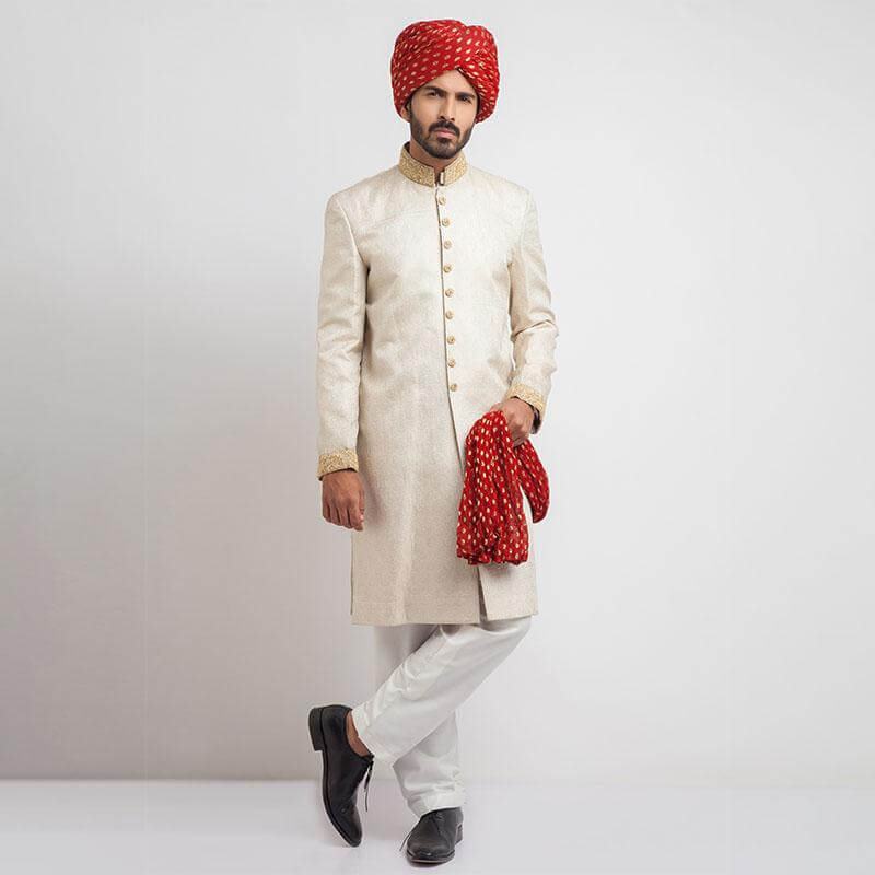 Ivory Gold Embroidered Jamavar Silk Sherwani (5-Piece) - Image 1