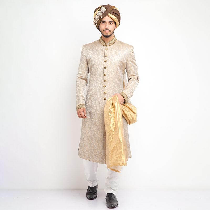 Ecru Zardozi Pure Jamavar Silk Sherwani (4-Piece) - Image 1