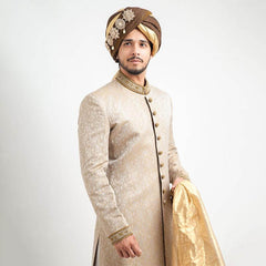 Ecru Zardozi Pure Jamavar Silk Sherwani (4-Piece) - Image 3