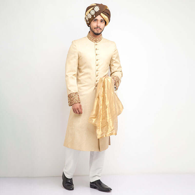 Cream Zardozi Jamavar Silk Groom Sherwani (3-Piece) - Image 1