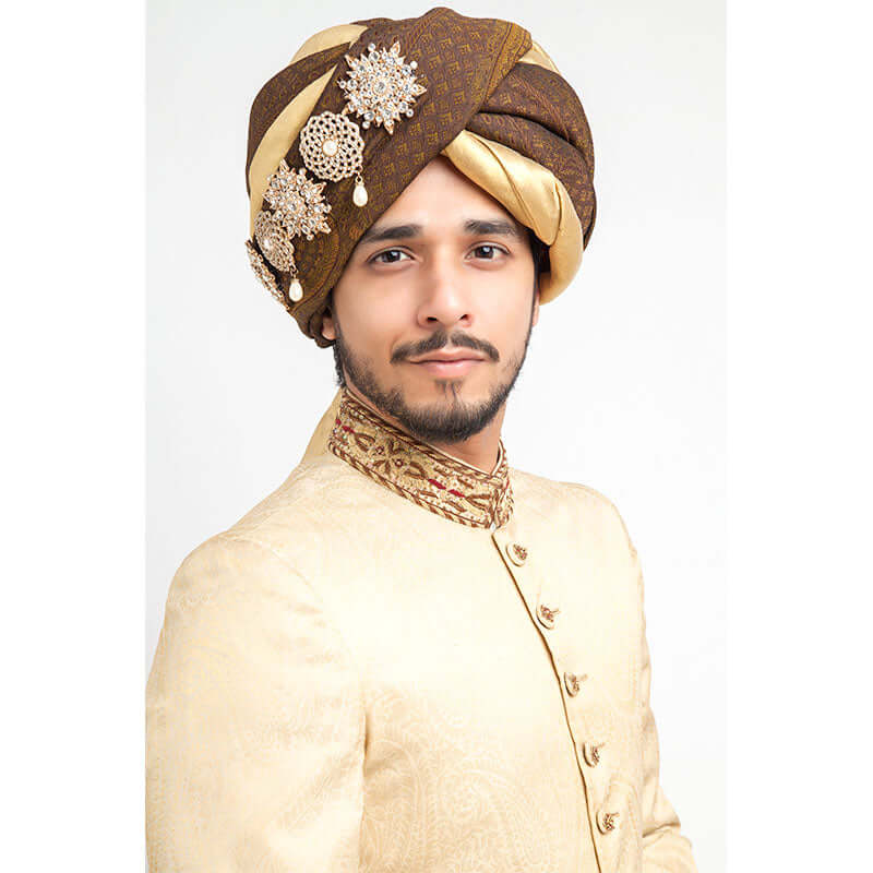 Cream Zardozi Jamavar Silk Groom Sherwani (3-Piece) - Image 2