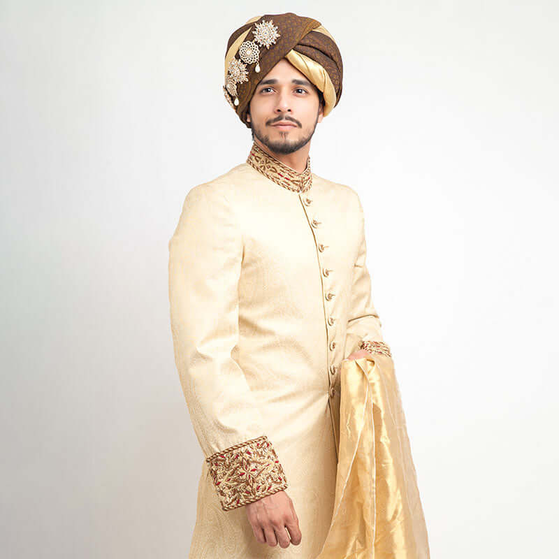 Cream Zardozi Jamavar Silk Groom Sherwani (3-Piece) - Image 3