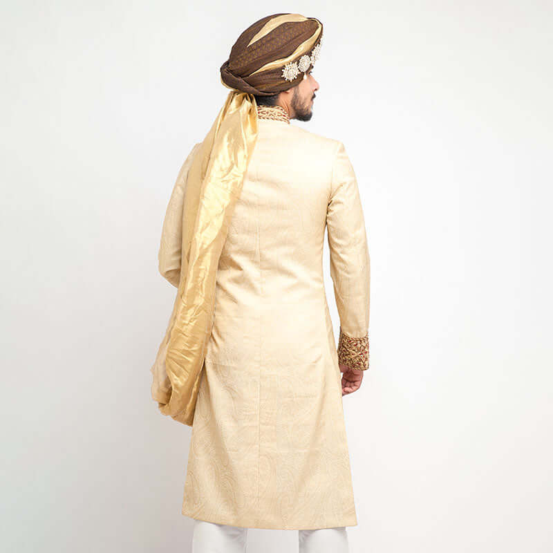 Cream Zardozi Jamavar Silk Groom Sherwani (3-Piece) - Image 4