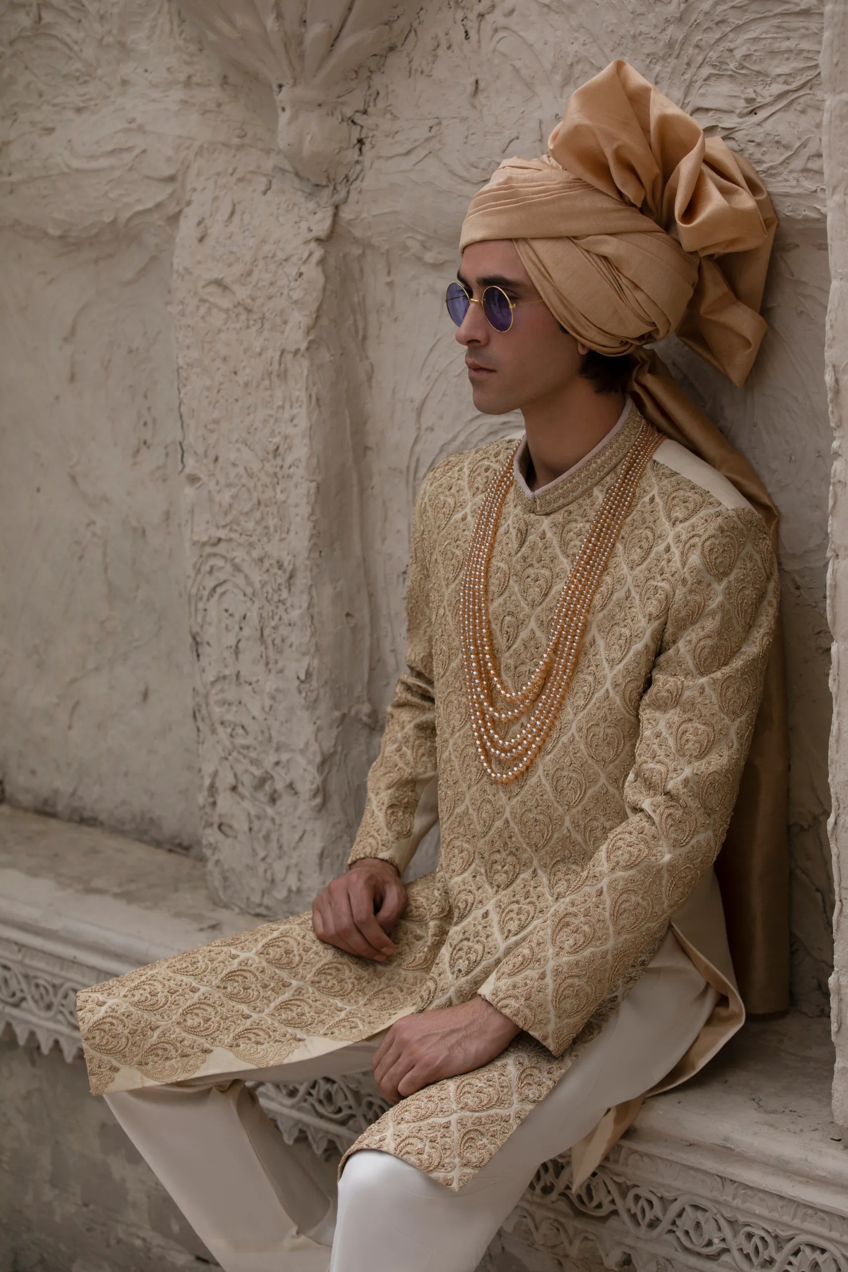 Off-White Gold Thread Jamawar Sherwani (3-Piece) - Image 1