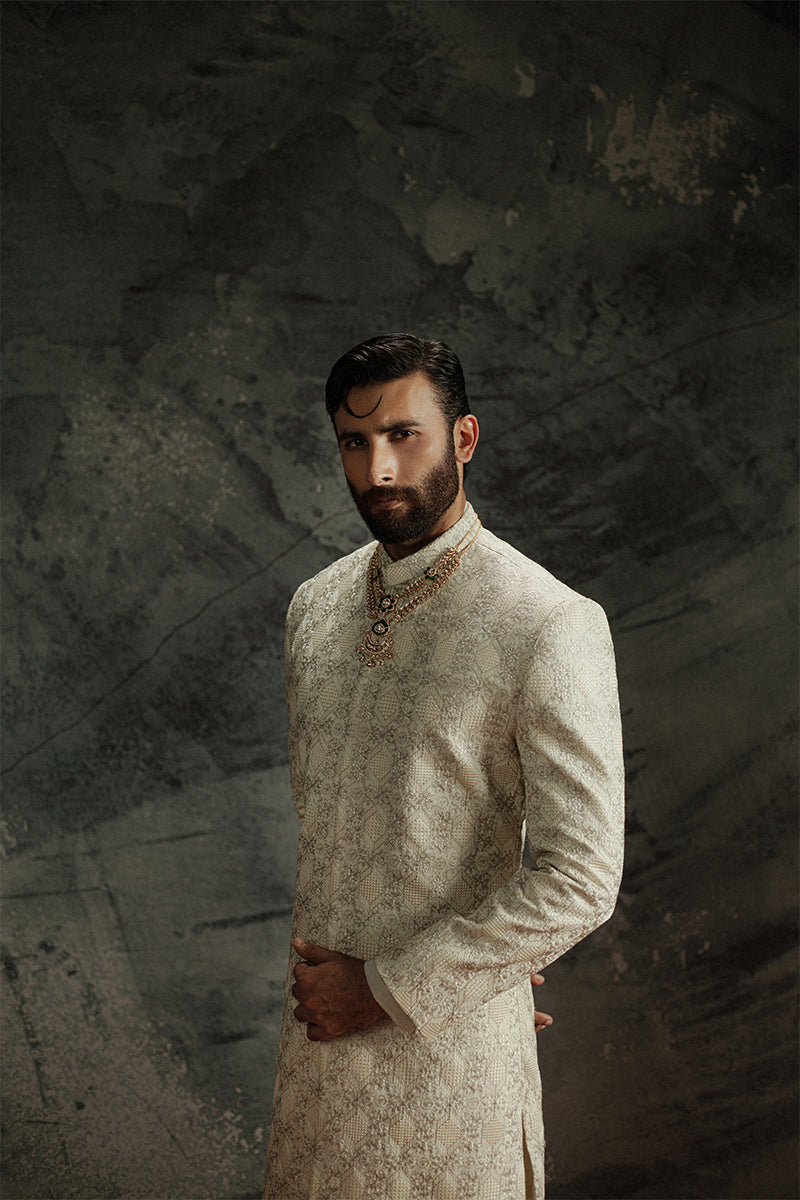 Ivory Beige Embroidered Jamawar Sherwani (2-Piece) - Image 17