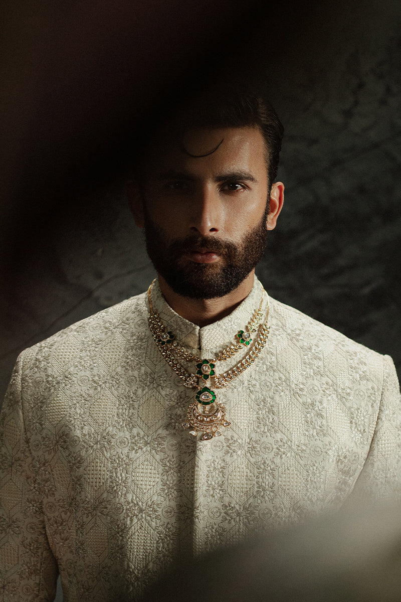 Ivory Beige Embroidered Jamawar Groom Sherwani (2-Piece) - Image 11