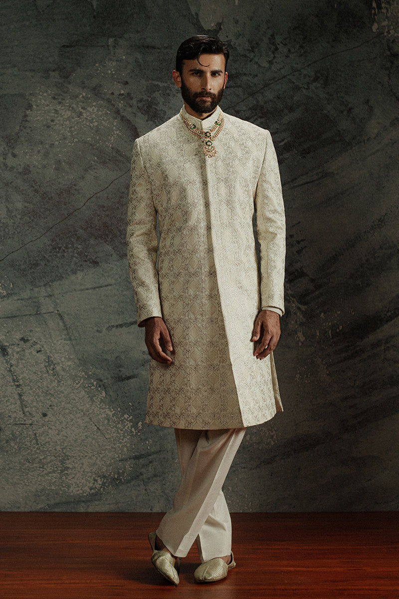 Ivory Beige Embroidered Jamawar Groom Sherwani (2-Piece) - Image 3