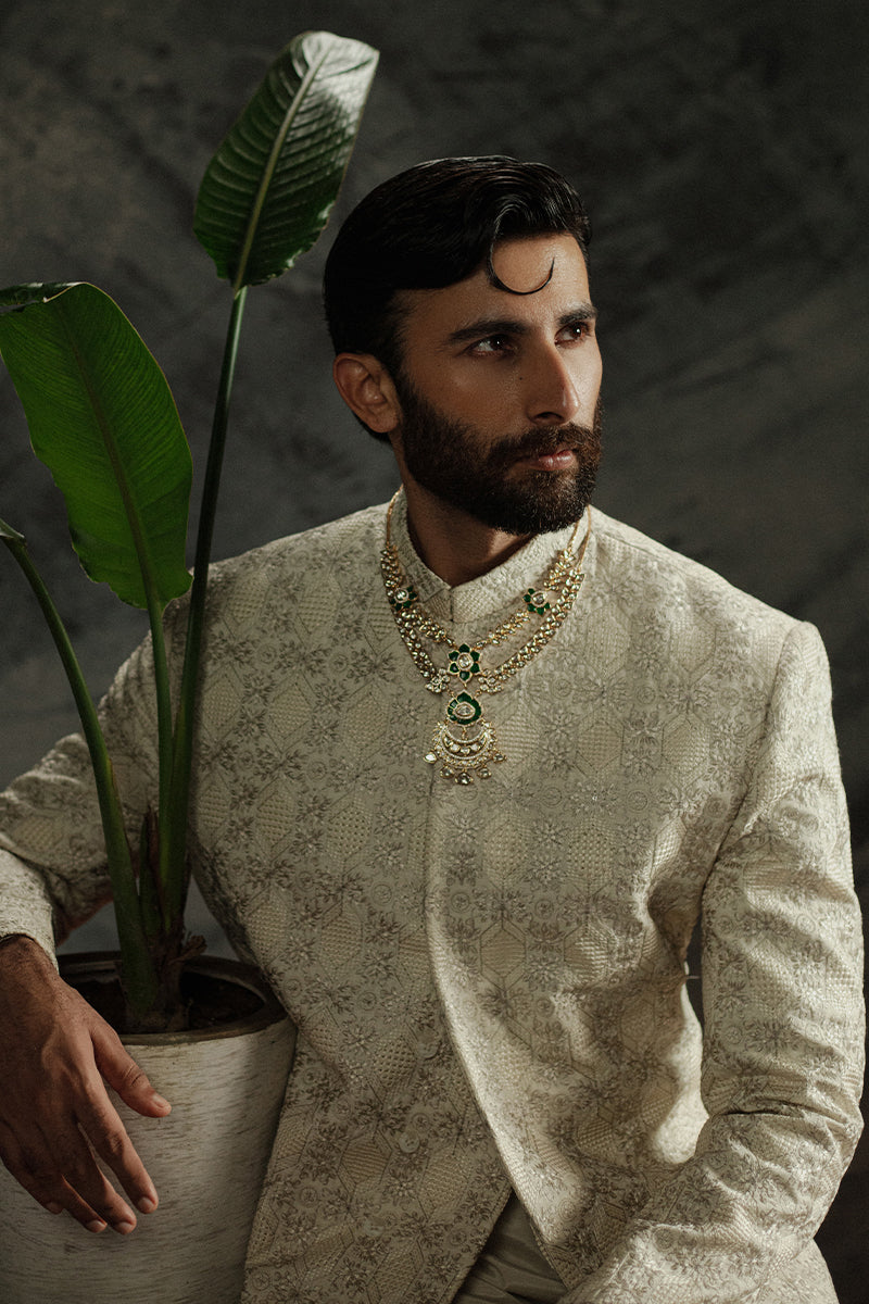 Ivory Beige Embroidered Jamawar Groom Sherwani (2-Piece) - Image 4