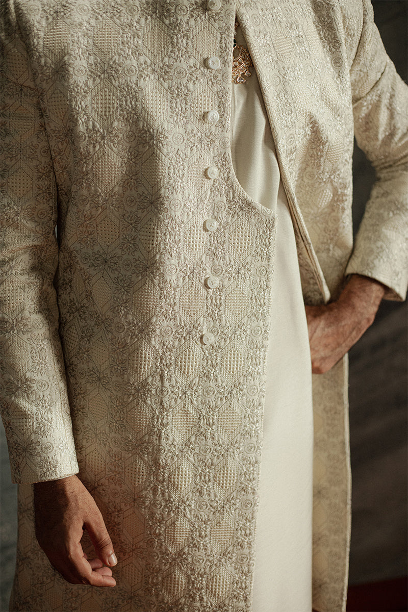 Ivory Beige Embroidered Jamawar Groom Sherwani (2-Piece) - Image 8
