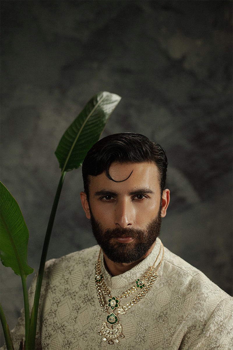 Ivory Beige Embroidered Jamawar Sherwani (2-Piece) - Image 14