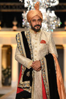 Off White Hand Embroidered Jamawar Groom Sherwani (3-Piece) - Image 4