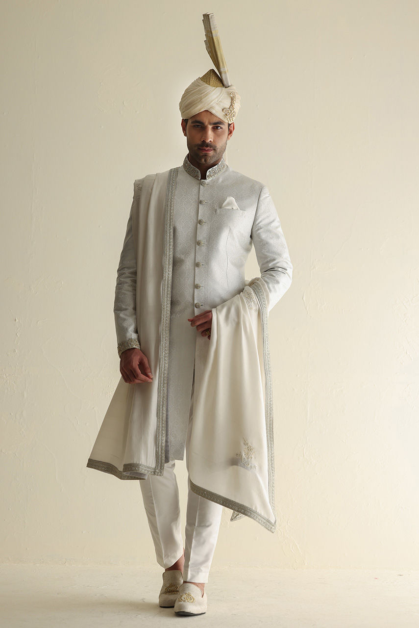 Ivory Hand-Embroidered Jamawar Groom Sherwani (3-Piece) - Image 1